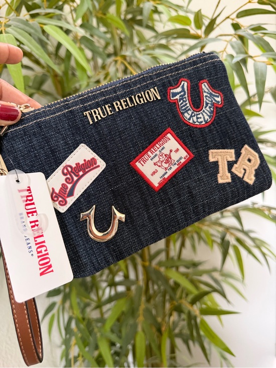 True Religion Handbags - True Religion Denim Patch Wristlet Clutch - Dark Blue with Red & Tan Accents